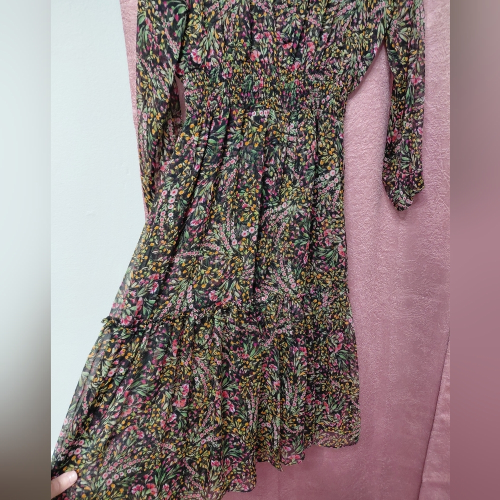 Misa Los Angeles Black Pink Floral Sheer Maxi V Neck Dress Delicate Pretty - Picture 4 of 11